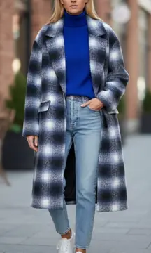 NWT STEVE MADDEN Zoey Brushed Plaid Jacket In Peacoat Navy Shawl Collar