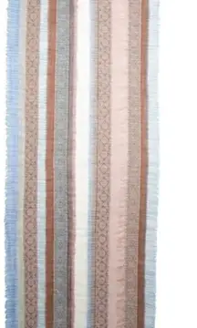 PRANA Mae Scarf Wrap Fringed Striped Tan Blue Cream Multicolored 100% Wool