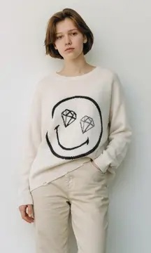 LOGO by Lori Goldstein Smiley World Face Distressed Sweater Diamond Eyes Large L