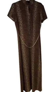 Vintage Leopard Metallic Animal Print Maxi Dress High Neck Chain Belt Party
