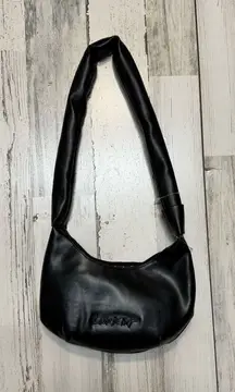 Betsey Johnson Black Faux Leather Shoulder Bag | Soft Hobo Purse with Kiss Print