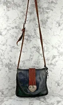 Vintage Brighton Black Leather Crossbody Bag Purse Brown Leather Braided Strap