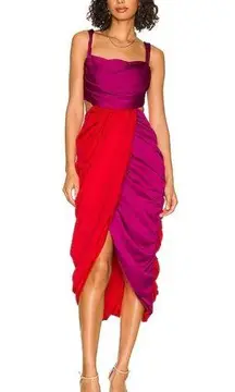 Revolve Amur color block raspberry sorbet red fuchsia twist strap cut out dress