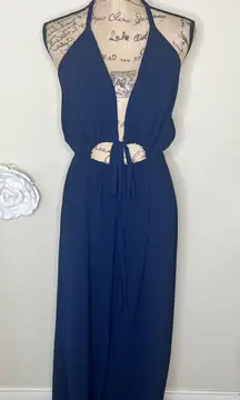 NTM: Tyche Navy Halter Cutout Wide-Leg Jumpsuit Flowy Boho Wear One-Piece Size L
