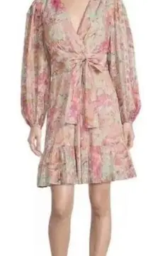 ALEX MARIE Pink Floral Tiered Midi Dress Long Sleeve Tie Waist V-Neck Size 8 New