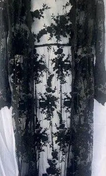 Black Mesh Floral Duster Cardigan Long Sheer Whimsygoth Vamp Fairy Grunge