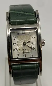 Nine West Silver Tone Square Dial Green Leather Band Watch Working New Battery