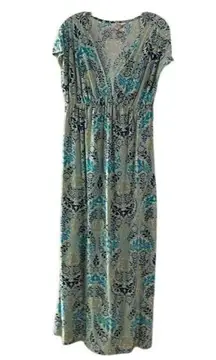 Ambrielle Blue-Green Floral Maxi Dress Womens Size Medium Pullover Cap Sleeve