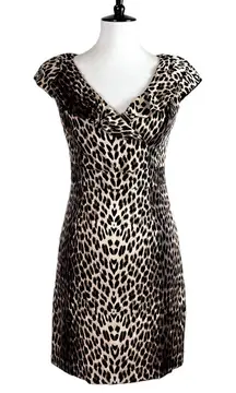Kay Unger Sheath Dress Ruffle V-neck Party Silk Leopard Print Women's Size 4