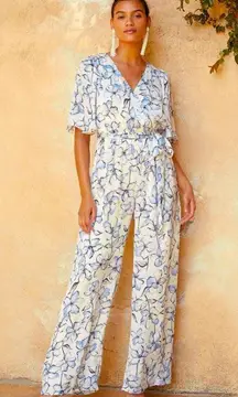 Lulus | True Masterpiece White Floral Print Satin Wide-Leg Jumpsuit - NWT