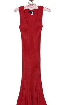 Lida Baday Small Knit Stretch Bodycon Midi Dress Scoopneck Coral Red