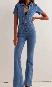 Free People We The Free Jayde Denim Flare Jumpsuit In Sunburst Blue Size L