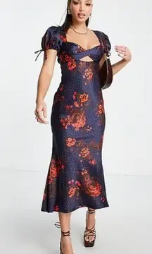 ASOS design navy red floral polka dot cutout puff sleeve midi dress