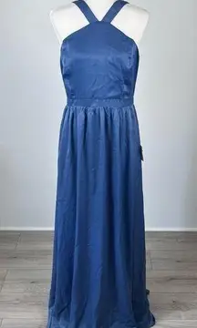 Lulus  Air of Romance Vintage Blue Satin Maxi Evening Dress Women's Size Large