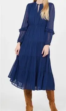 SUNCOO Paris Robe Corinne Midi Dress Royal Blue Embroidered Buttons Size T3 L