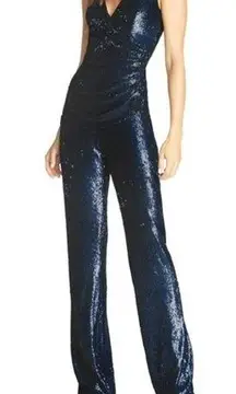 Dress The Population Sam Sequin Jumpsuit Navy Women’s Size XS Sleeveless Ruched