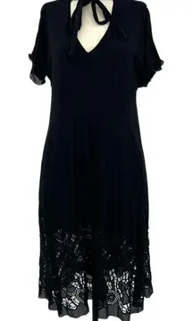 Marni Black Silk Tie Neck Crochet Hem Short Sleeve Dress Size 40 US 4‎