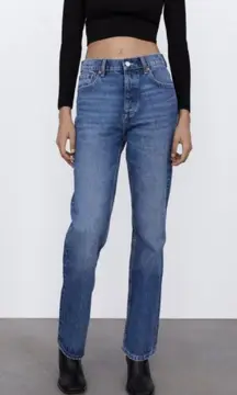 ZARA High Rise Straight Leg Jeans Navy Blue