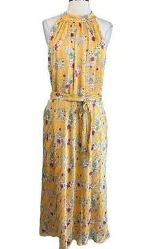Adrianna Papell Women's Dress Size 12 Yellow Floral Print Chiffon A-Line Midi