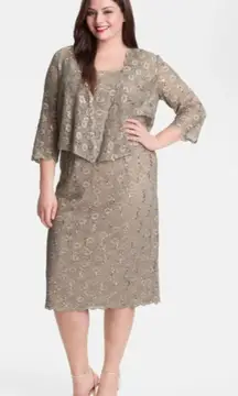 Alex Evenings Taupe Embellished Lace Dress & Jacket Set – Women’s Size 18