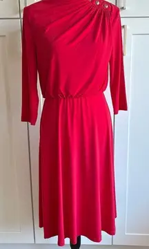 London Times Women's Red Blouson Midi Dress Size 6 Casual 3/4 Sleeve Retro