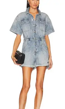 Free People We The Free Marci Cuffed Shortall Button-Front Denim Romper Size XS