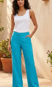 Pendleton Linen Blend Wide Leg Pants Womens 10 Teal Blue Lightweight Boho Casual