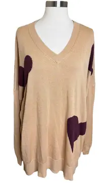 Laurie Felt V Neck Sweater Womens XL Tan Heart Print Cashmere Blend Preppy