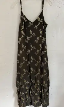 Sue Wong Dress Womens Large Brown Gold Leaf Print Silk Blend Ruffle Hem USA