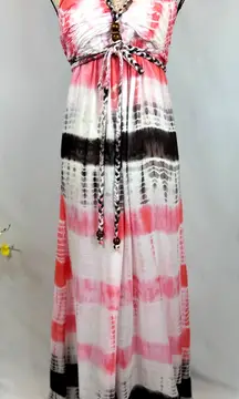 Chaudhry Rope Halter Open Back Tie Dye Maxi Dress Pink Black M