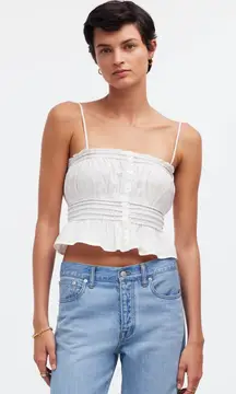 Madewell Smocked Button Front Top Poplin Cotton Eyelet White Stretch Medium NWT