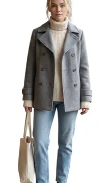 LLBean Women Gray Wool Double Breasted Peacoat Jacket Size 8 Petite