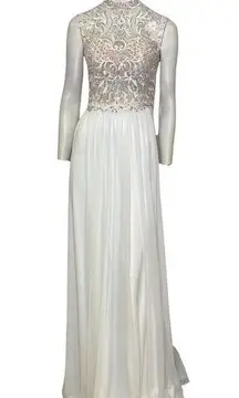 Jovani  Embellished Lace Bodice Chiffon Skirt Gown White Size 2 NWT