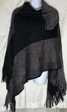 Sapphire Black Metallic Fringe Soft Poncho Cape Sweater – One Size