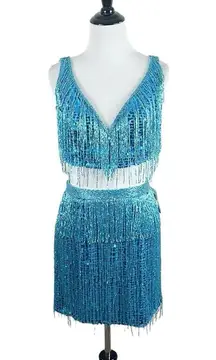 Jovani  Fringe Dress Blue Two Piece Sequin Mini Skirt Set