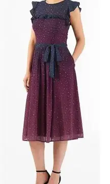 eShakti Purple Red Ruffle Ombre Star Print Georgette Midi Dress Missing Belt 1X