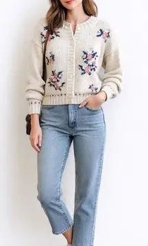 Vintage cape isle knitters embroidered by hand granny core floral button front s