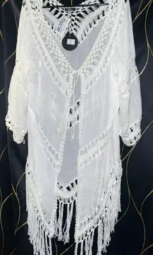 *NWT*  open duster 3x coverup fringe bohemian white knit/ crochet duster  Length is about 40”