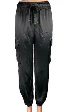 Rachel Zoe Black Silky Satin Drawstring Tapered Trousers Joggers Cargo Pants XS