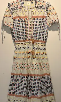 FLOE- Vibrant Geometric Patterned Ruffle Tassle Beads Super Wide Leg Jumpsuit- S