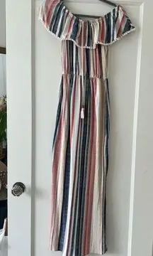 Derek Heart  Red Cream Blue Striped Maxi Dress Pom Pom Fringe Ruffle Size Small