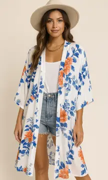 Umgee Floral Kimono Duster NWT | Blue‎ Coral Boho Layering Piece M