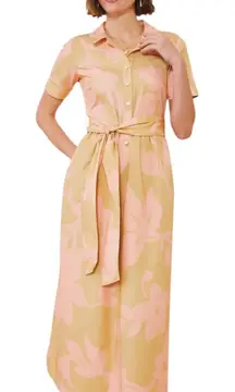 Spartina 449 Women's Maryam Midi Dress Clara Blooms Pink Floral Tan Belted Large