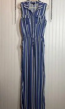 BeBop Womens Blue Striped Sleeveless Drawstring Waist Jumpsuit Size L