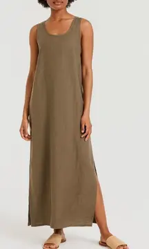 Flax Side Slit Slipster Linen Maxi Dress in Thyme Green Brown Size P, 4, Small