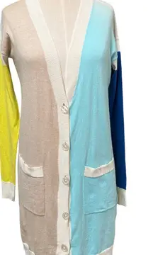 VILAGALLO Color Block Long Line V-Neck Cardigan XS Cashmere Cotton Blend