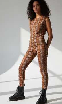 Boohoo Snake Print Cap Sleeve Tie Back Spandex Jumpsuit 12 Orange Tan