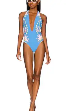 Maaji NEW  Tiki One-Piece Swimsuit Blue Floral Halter Neck Deep Plunge Neck M