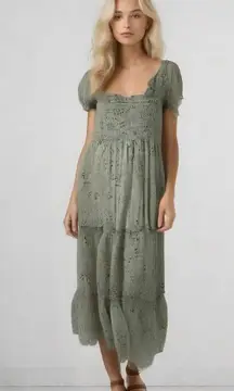 Reveriee Maxi Dress Women's Size L Green Floral Tiered Short Sleeve Casual NWT