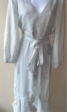 NSR Chiffon Morgan Midi Flutter Dress Long Sleeve Tie Waist in Olive Size Small